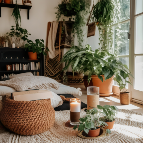 Boho designed space with various potted plants with candles, wicker basket and pillows