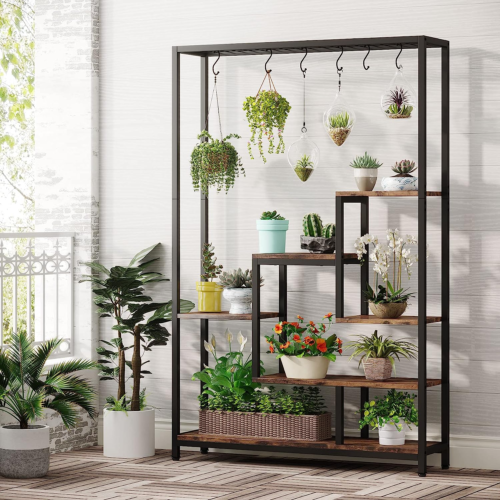 5 Tier Indoor plant stand with various plants