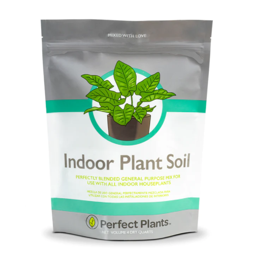 bag of soil labelled indoor plant soil with a generic image of a houseplant
