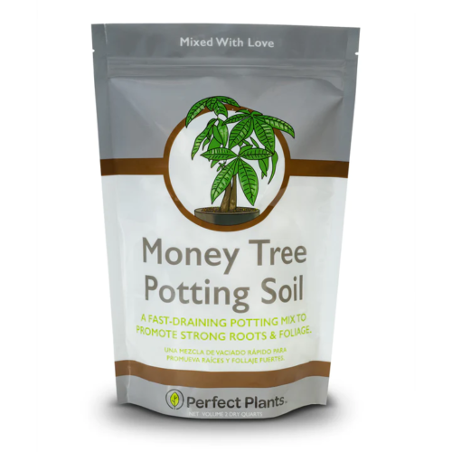 bag of soil labelled money tree potting soil with an image of a money tree