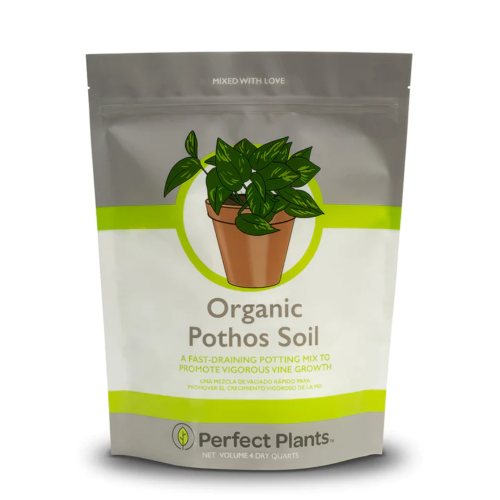 bag of soil labelled organic pothos soil with an image of a pothos plant