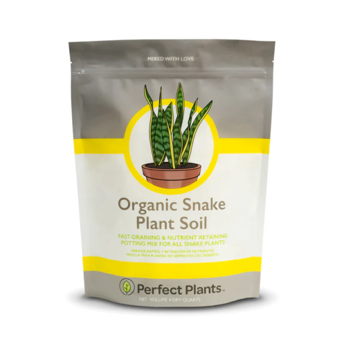 bag of soil labelled organic snake plant soil with an image of a snake plant