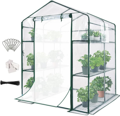 A greenhouse with various plants on shelves.
