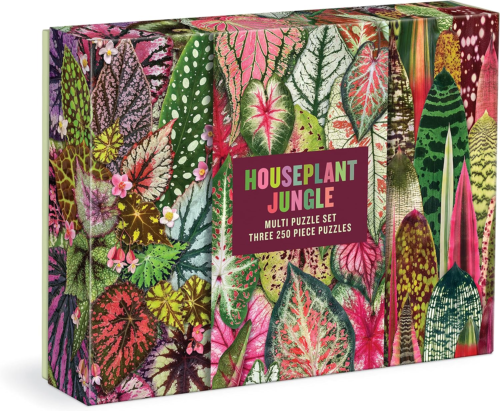 a box that states "houseplant jungle bulti puzzle set" with colorful leaves printed all over it