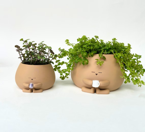 two ceramic pots with plants growing in them and faces and arms looking like they are drinking from a cup and mug