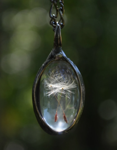 a closeup of a necklace pendant with two dandelion seeds inside a clear casing