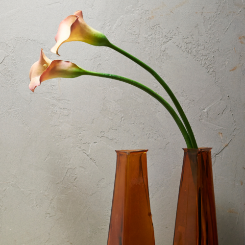 calla lily flowers in an orange vase